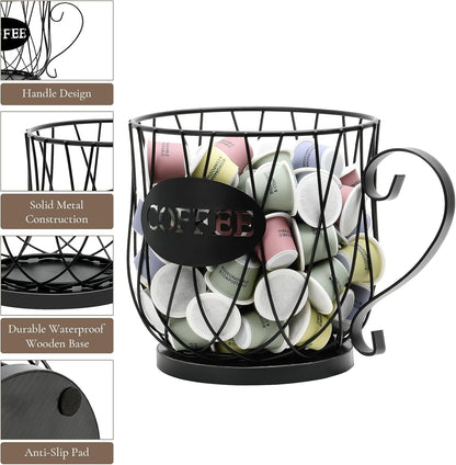 Coffee Pod Holder Organizer,Large Capacity K Cup Holder Organizer, Storage Basket for Kitchen Countertop Office Coffee Bar with Wooden Base(Rustic Brown-Square)
