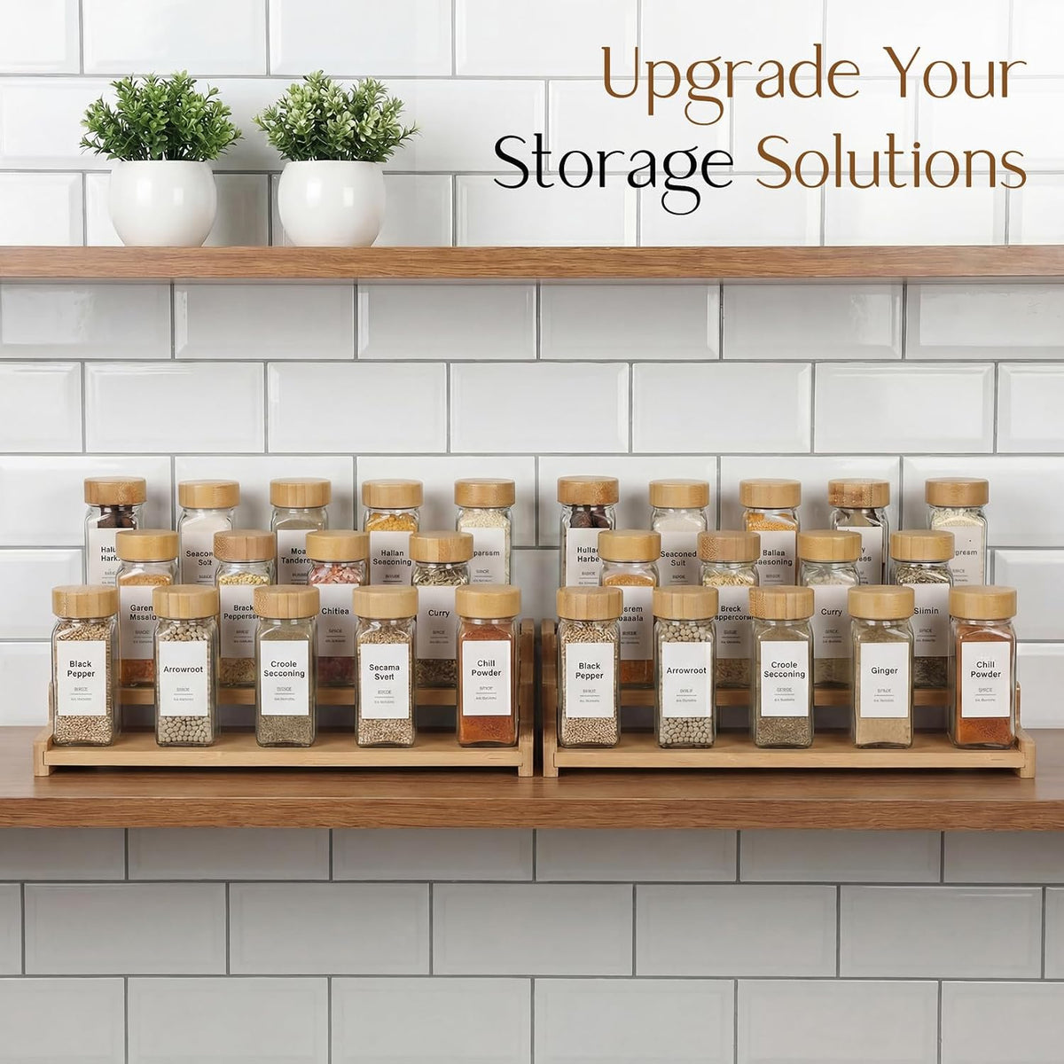 Spice Rack Organizer for Cabinet, 18in Bamboo Tiered Spice Rack，Used for Kitchen Countertops and Food Storage Room Organizer，Specially Designed for Jars and Spice Bottles(Bamboo, L)