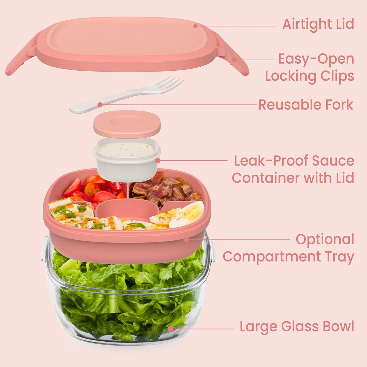 Bentgo Glass Prints Salad Container - 7.6-Cup Tinted Glass Salad Bowl with Airtight Lid, Leak-Proof Sauce Container, 4-Compartment Bento Meal Prep Tray & Reusable Fork (Floral Maximalist - Sea)