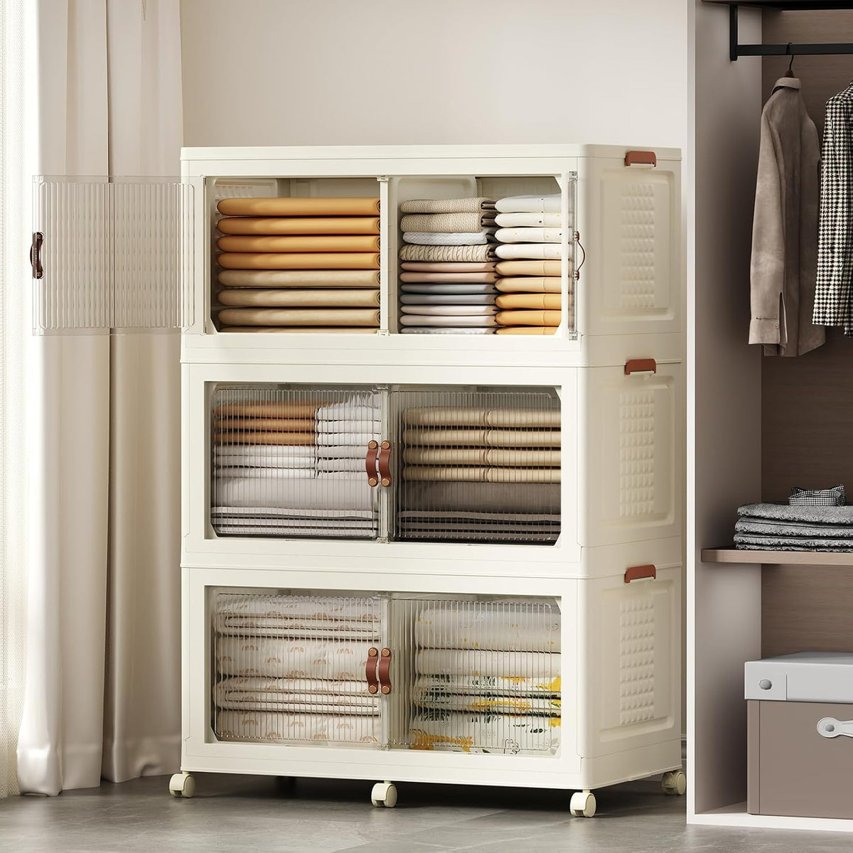 SAILUN 145Gal/580Qt Stackable Storage Bins Folding Collapsible Storage Bins with a Lid, Closet Organizers and Storage,White 26" W x 17" D x 71" H