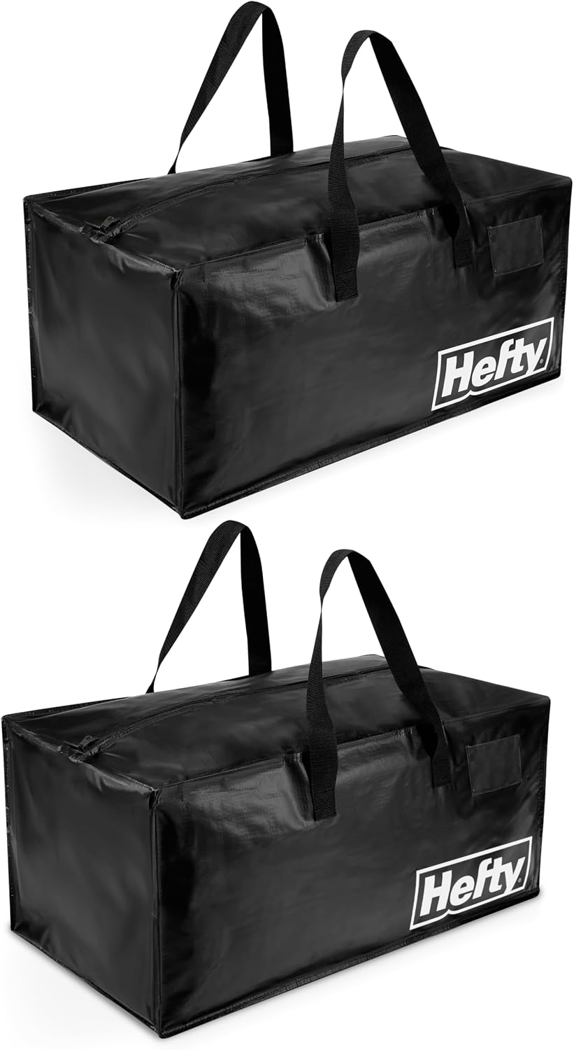 Hefty Storage Bags Extra Large Double Zipper Backpack, Heavy Duty Water Resistant Moving Totes with Shoulder Straps, Foldable Reusable Packing Organizers, 2 Pack (X-Large Black)