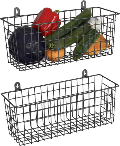 MaraFansie [Extra Large] Wire Basket Hanging Wall Organizer Cabinet Storage Basket Wall Mounted Shelves Rustic Farmhouse Decor for Home Kitchen Bathroom, BLACK