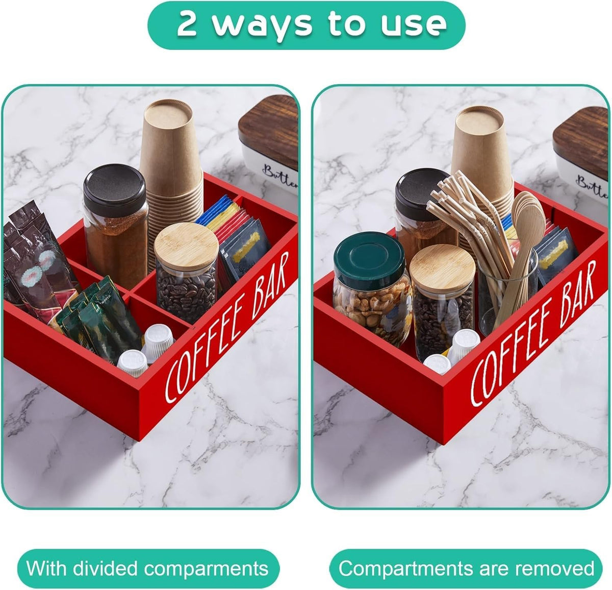 ALELION Coffee Station Organizer - Wood Countertop Accessories Organizer with Removable Dividers for Pods Condiment Syrup Tea Cups Stirrers - for Farmhouse Coffee Bar Decor