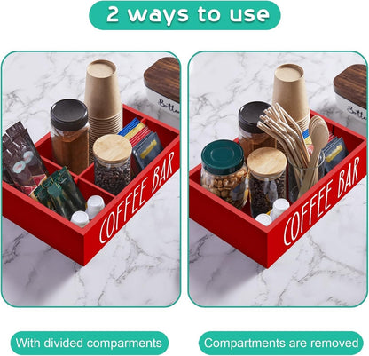 ALELION Coffee Station Organizer - Wood Countertop Accessories Organizer with Removable Dividers for Pods Condiment Syrup Tea Cups Stirrers - for Farmhouse Coffee Bar Decor
