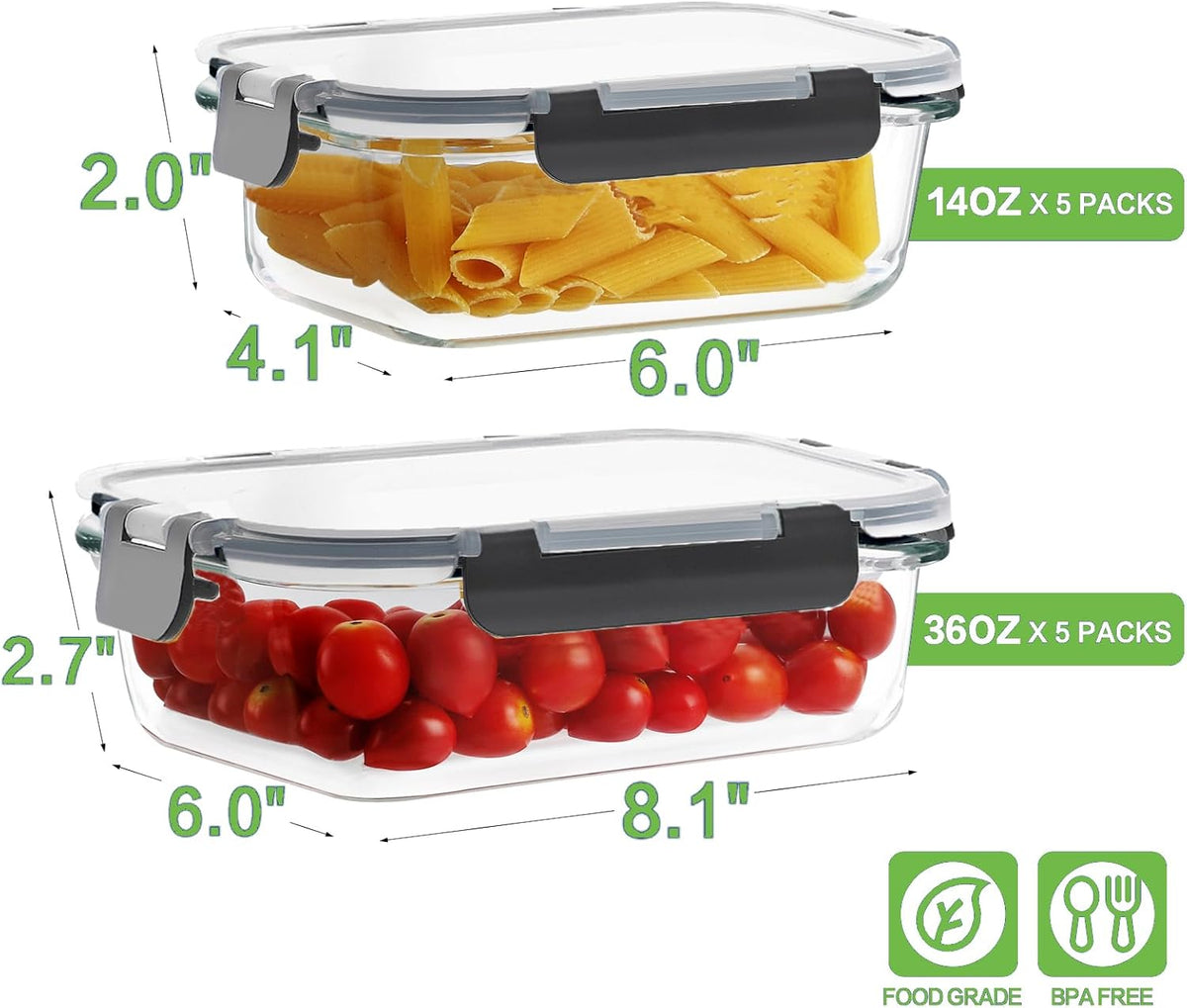 HOMBERKING Borosilicate Glass Meal Prep Containers with Locking Lids, Glass Food Storage Containers Set, Airtight Lunch Bento Boxes, BPA-Free & Leak Proof, 36oz & 14oz, Freezer, Oven Safe