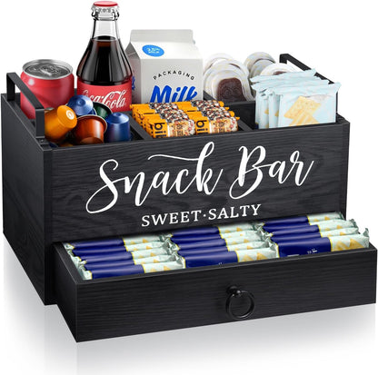 MINCORD Snack Organizer for Countertop, Wood Snack Basket Snack Tray with Handles, 5 Compartment Pantry Storage Bins with Drawer, Food Container Snack Box for Snacks, Chips, Packets