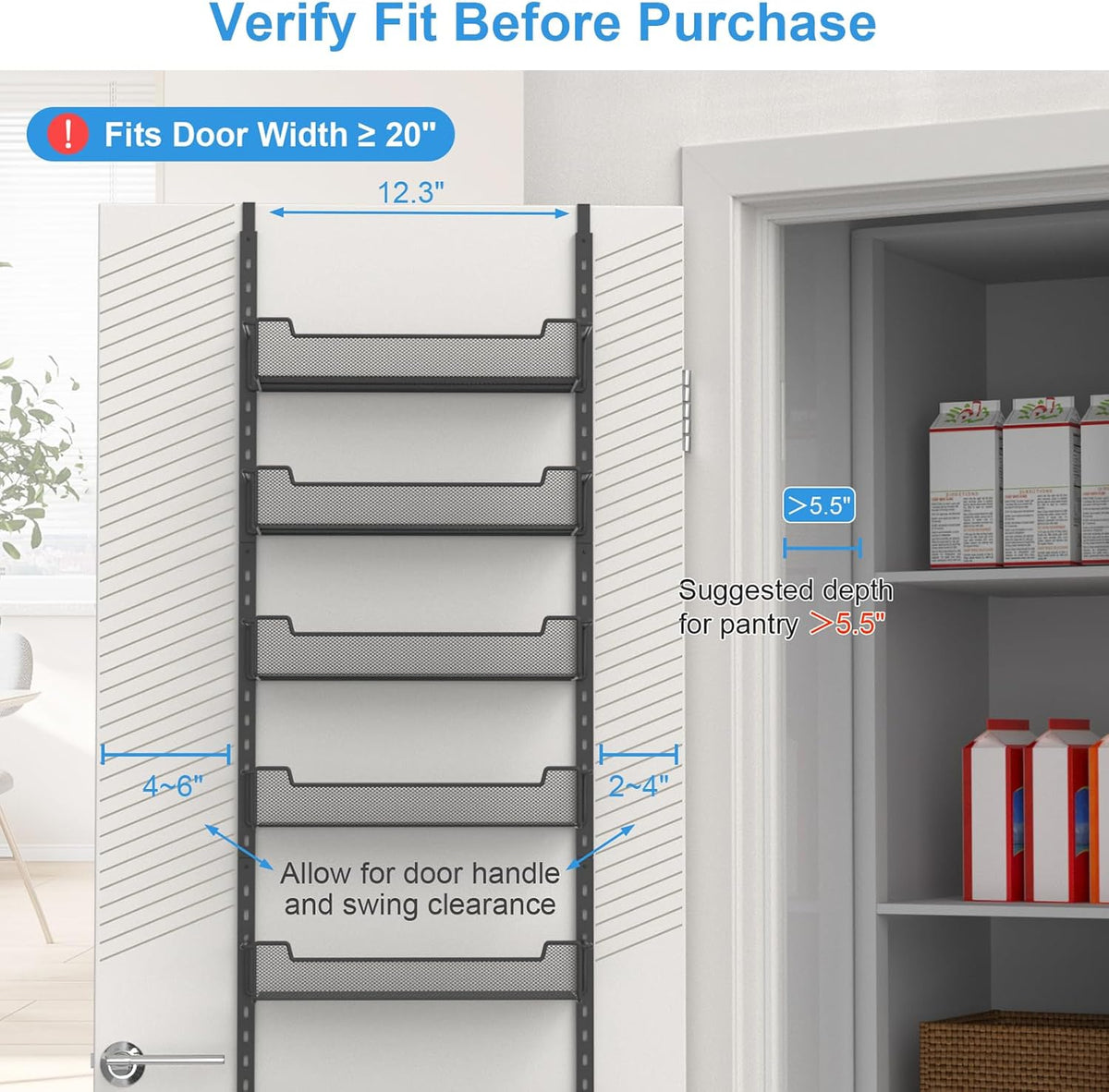 VyGrow 12.3" W Narrow Over the Door Pantry Organizer, 6-Tier Over the Door Organizer with Adjustable Basket, Pantry Door Organization for Pantry Kitchen Storage Room Spice Rack, White