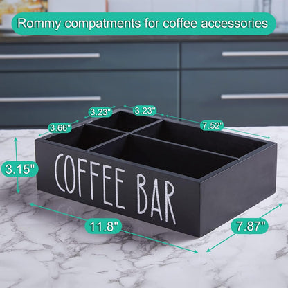 ALELION Coffee Station Organizer - Wood Countertop Accessories Organizer with Removable Dividers for Pods Condiment Syrup Tea Cups Stirrers - for Farmhouse Coffee Bar Decor