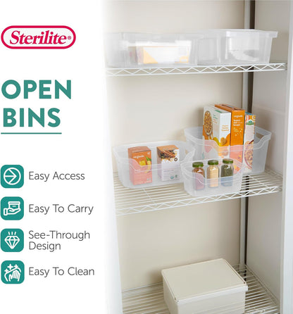 Sterilite 7 x 11 x 14.25 Inch Polished Open Scoop Front Storage Bin with Comfortable Carry Through Handles for Household Organization, Clear