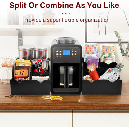 WRINGKIT Set of 2 Black Coffee Station Organizer for Countertop, Wood Cup Condiment Station with 9 Compartment, Coffee Bar Organizer Caddy Holder for Pods Syrup Stirrers Teabags Storage, Two-in-One