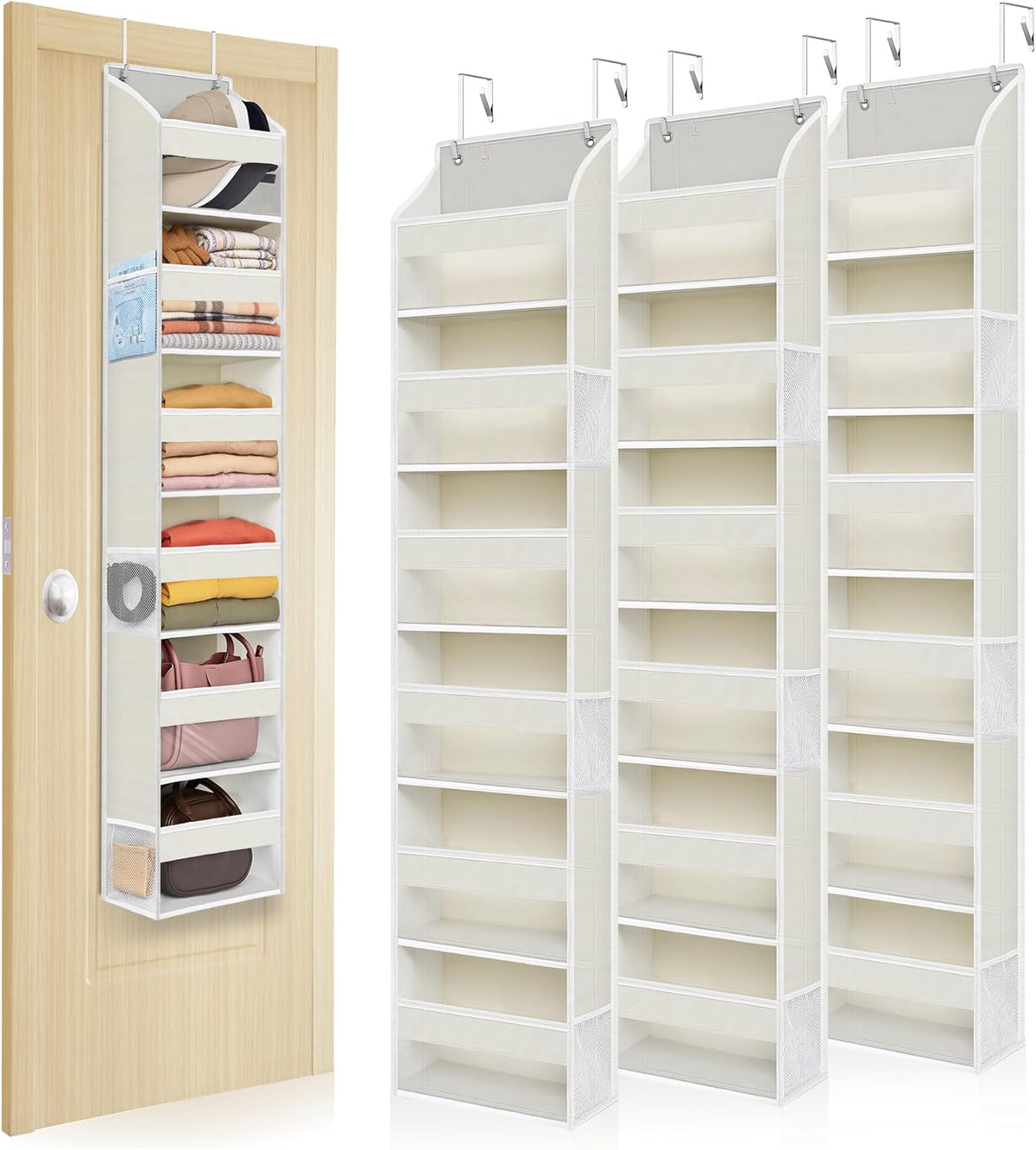 5 Tiers Over the Door Organizer with 10 Mesh Side Pockets, 44 lbs Weight Capacity Closet Hanging Storage Organizer with Large Clear Window Kids Toys, Shoes, Diapers, Beige