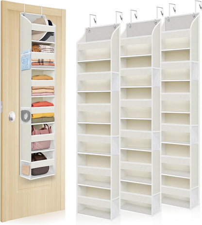 5 Tiers Over the Door Organizer with 10 Mesh Side Pockets, 44 lbs Weight Capacity Closet Hanging Storage Organizer with Large Clear Window Kids Toys, Shoes, Diapers, Beige