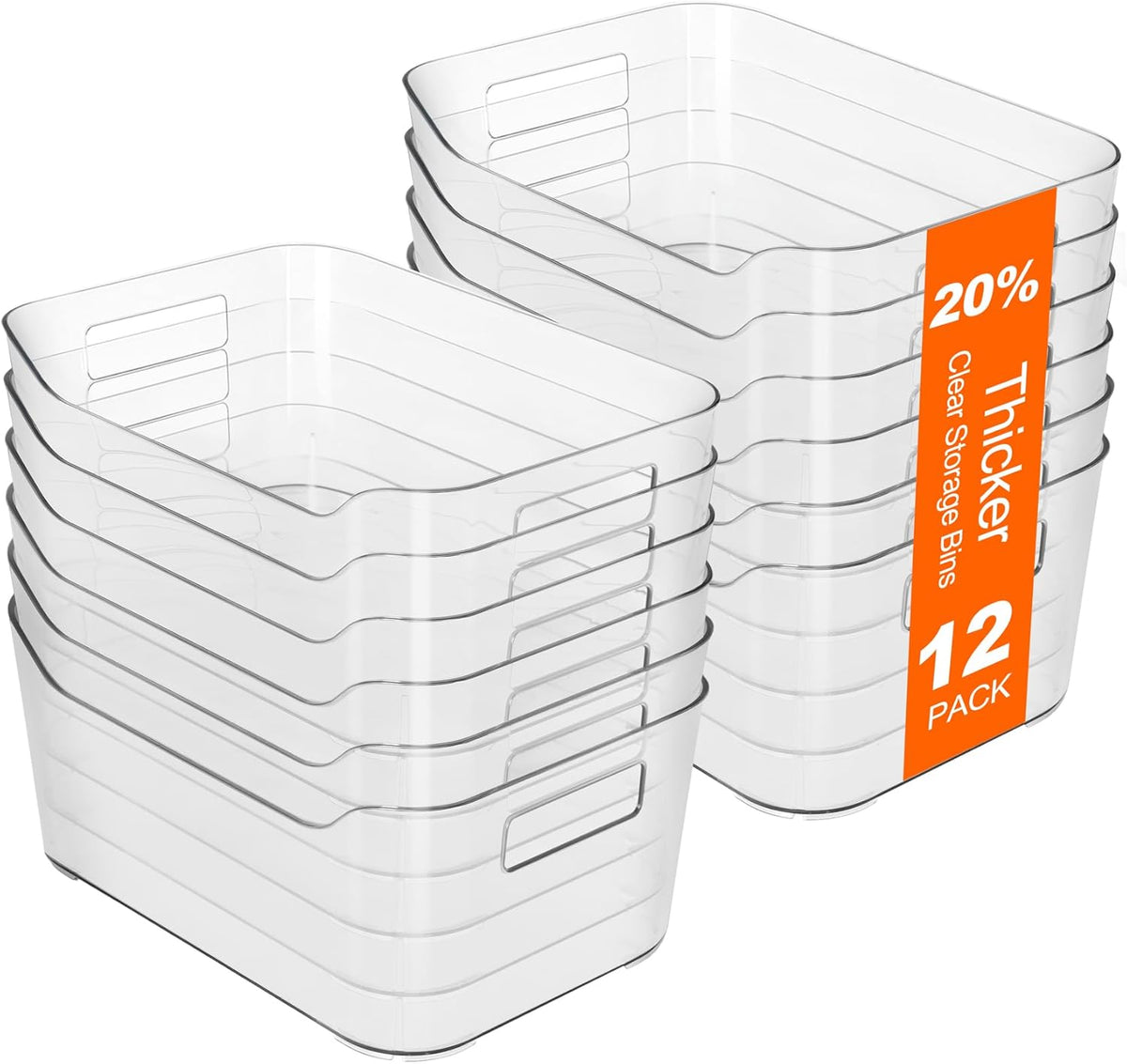 Hudgan 12 Pack Pantry Storage Bins for Kitchen Cabinet, Clear Plastic Organizer Bins for Bathroom, Pantry Organizer Containers for Home Edit, Drawer, Under Sink, Fridge