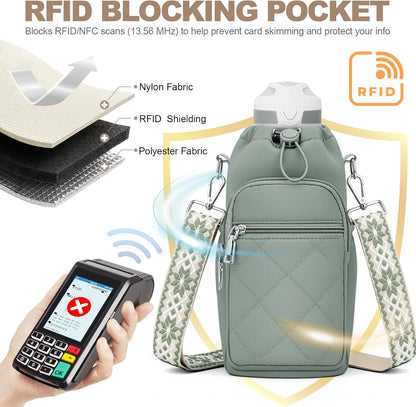 SYTRAH Water Bottle Carrier Bag with Strap, Water Bottle Purse with Phone Pocket 40oz for Walking Hiking