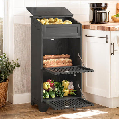 4 Tier Narrow Potato Storage Bin, Tall Wood Potato and Onion Storage Bin with Wheel, Movable Fruit and Vegetable Basket, Food Small Kitchen Pantry Cabinet, Wooden Bread Box, Walnut, Sliding Door