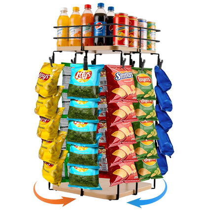Chip Rack Display Stand, 5-Tier 360° Rotating Organizer with Top Storage Basket for Drinks & Spice Jars, 40 Clips & Snack Tray for Store, Kitchen, Party, Retail Countertop Snack Display (Square Base, Beige)