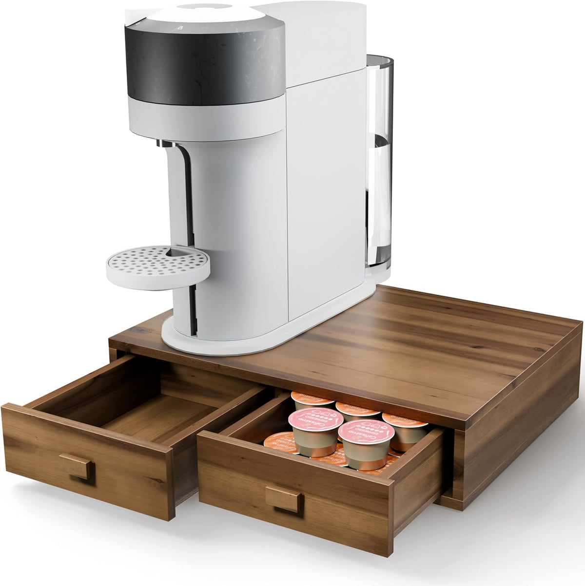 Tinamo Acacia Wood Coffee Pod Storage Box, 30 Pod Capacity, Coffee Pods and Tea Organizer Holder, K Pod Drawer Coffee Maker Machine Stand, for K-Cup Drawer Organizer Under Brewer (Acacia, 2 drawer)