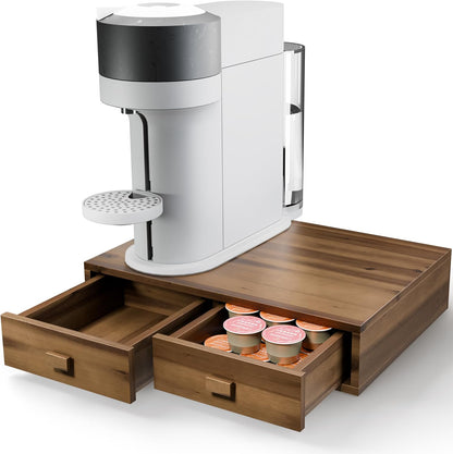 Tinamo Acacia Wood Coffee Pod Storage Box, 30 Pod Capacity, Coffee Pods and Tea Organizer Holder, K Pod Drawer Coffee Maker Machine Stand, for K-Cup Drawer Organizer Under Brewer (Acacia, 2 drawer)