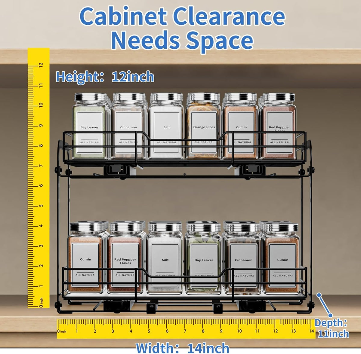BOIVSHI 2-Tier Spice Rack, Pull Out Cabinet Organizer Spice Racks Height Adjustable Heavy Duty Metal Basket for Inside Cabinets & Pantry Closet(9.5''Wx10.5''Dx9.5''H)