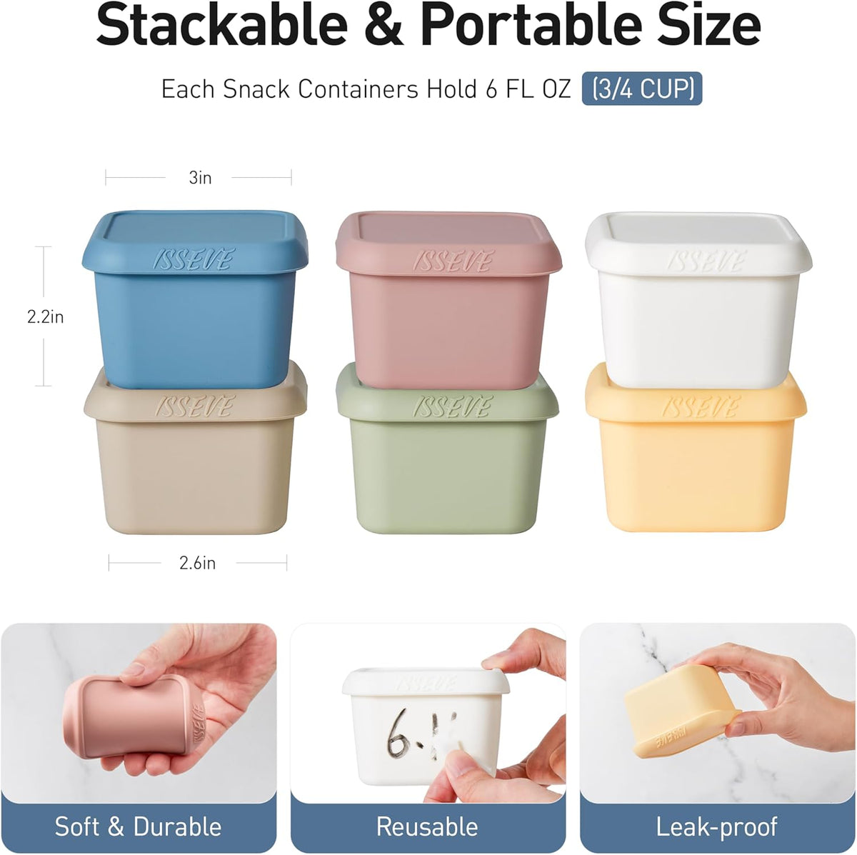 ISSEVE 6oz Silicone Snack Containers for Kids, Reusable Small Containers with Lids, Leak Proof Silicone Food Storage Containers, Stackable Kids Lunch Box for Daycare, School, Travel