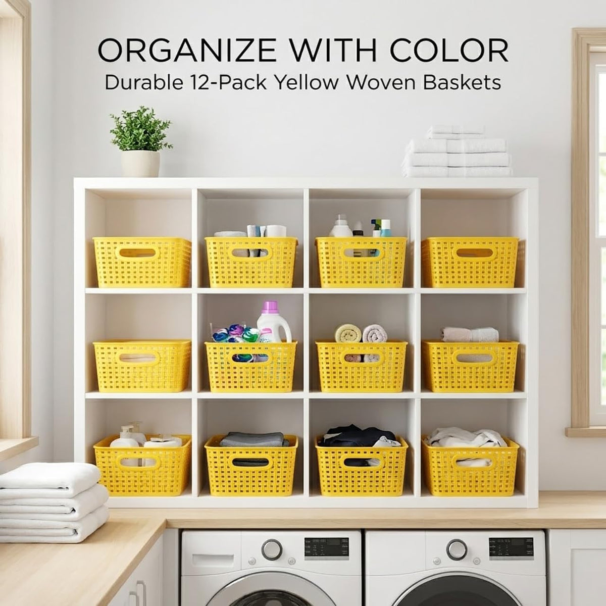 Khaki Stackable Storage Baskets, Plastic Weave Basket Organizer and Storage Set of 12, Pantry Organizing Baskets for Shelves, Kitchens, Bathrooms, Classrooms, Cabinets and Bedrooms