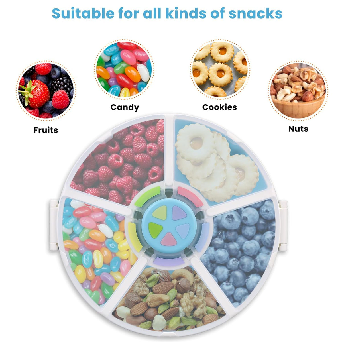 Pawtong Snack Rotator Container Reusable Snack Box with 5 Compartment Dispenser and Lid, Color Matching Opening Lid, BPA and PVC Free, for Home, School, Travel (Purple)