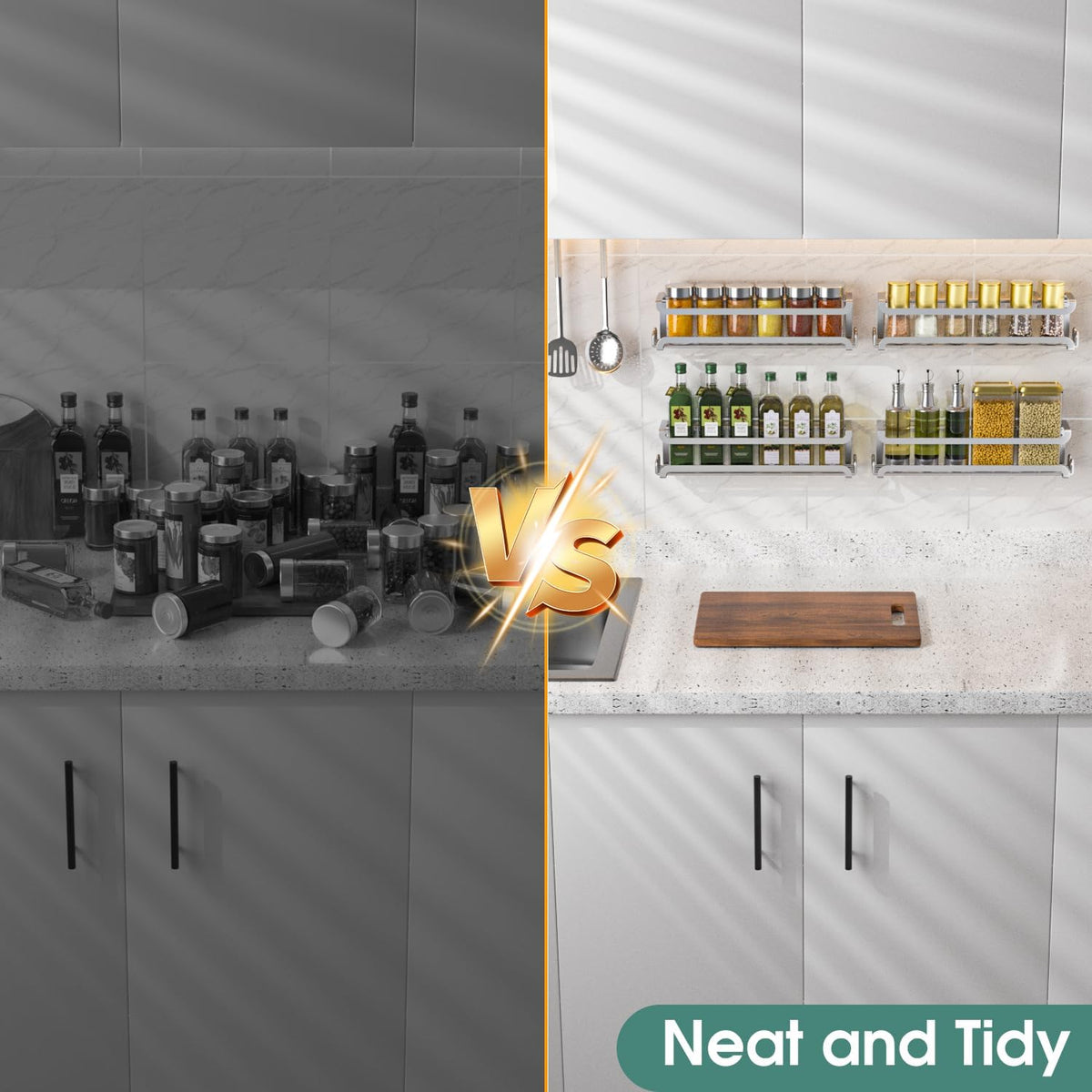 LUCYCAZ Wall Mounted Spice Rack with 8 Hooks, Spice Organizer Shelf for Stove Cabinet Pantry Door,Screw or Adhesive Spice Shelf Hanging Wall Spice Rack in Kitchen and RV (Black)