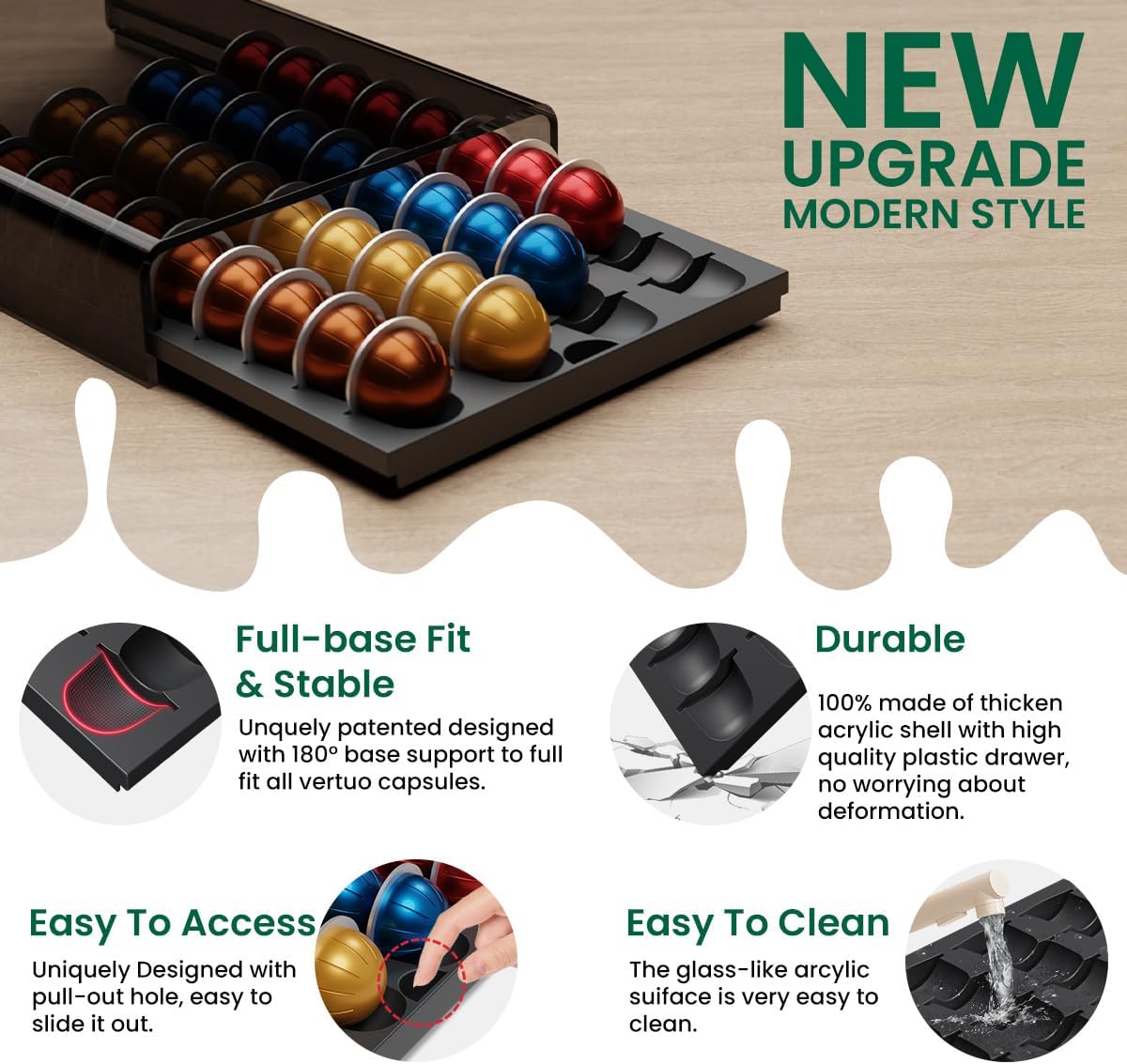 Storage Drawer for Nespresso Vertuo, Coffee Pod Holder for Counter Acrylic Top & Plastic Drawer Coffee Capsule Organizer - 40 Pods