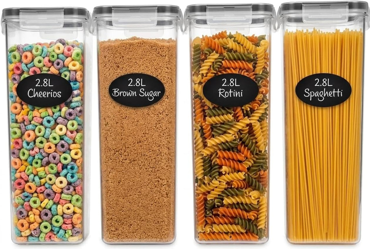 Large Airtight Food Storage Containers with Lids Set of 4 3.2L - 102 fl. oz Pasta storage Containers, BPA Free Plastic Spaghetti container - Air Tight Canisters for Kitchen Pantry Organization