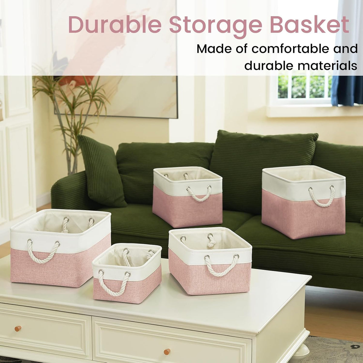 Large Storage Baskets- 15.7x11.8x8.26 inch Storage Bins for Shelves and Closet Organizing, Foldable Fabric Bin for Home Organization Clothes and Laundry (3-Pack, White&Khaki)
