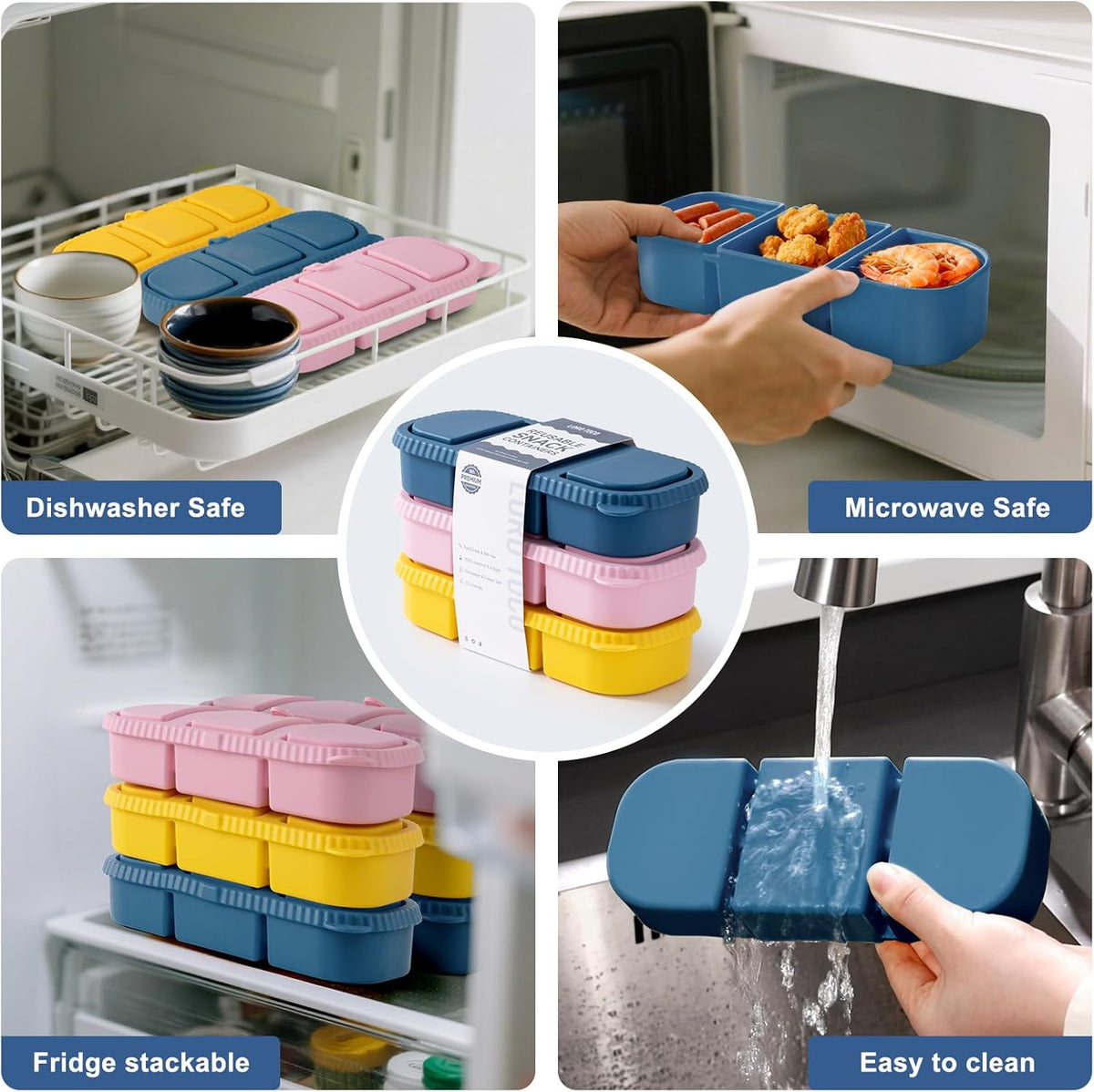 Silicone Reusable Snack Containers with Lids - 8 oz Double Compartment Snackle Box for Kids & Adults, BPA-Free & Leakproof, Small for Dressing, Snacks, School, Office, Picnic