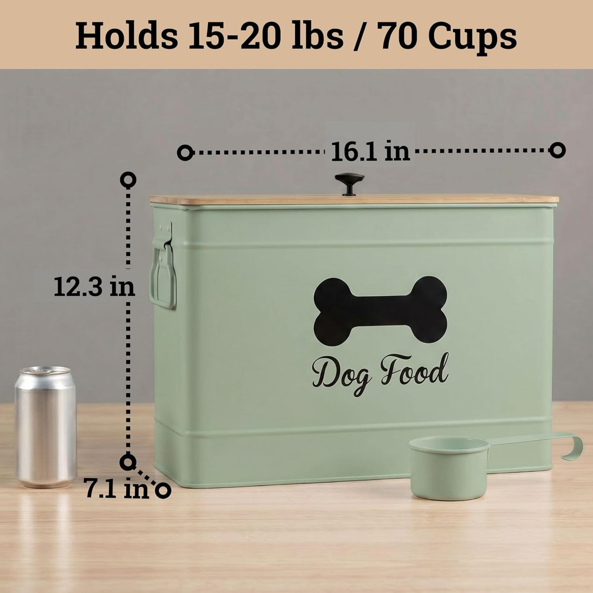 Dog Food Container Airtight 15-20 lb (70 Cup) Capacity with Metal Scoop - Cute Airtight Dog Food Storage Container with Bamboo Lid - Black Metal Kibble Storage Bin for Dogs up to 100 lbs - Big Pet Jar