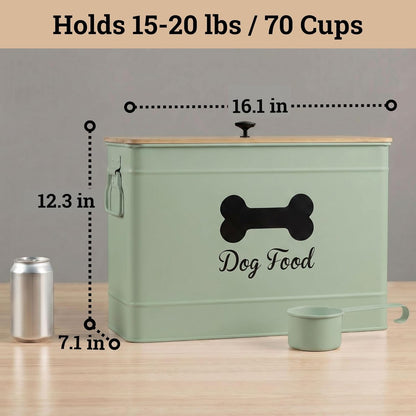 Dog Food Container Airtight 15-20 lb (70 Cup) Capacity with Metal Scoop - Cute Airtight Dog Food Storage Container with Bamboo Lid - Black Metal Kibble Storage Bin for Dogs up to 100 lbs - Big Pet Jar