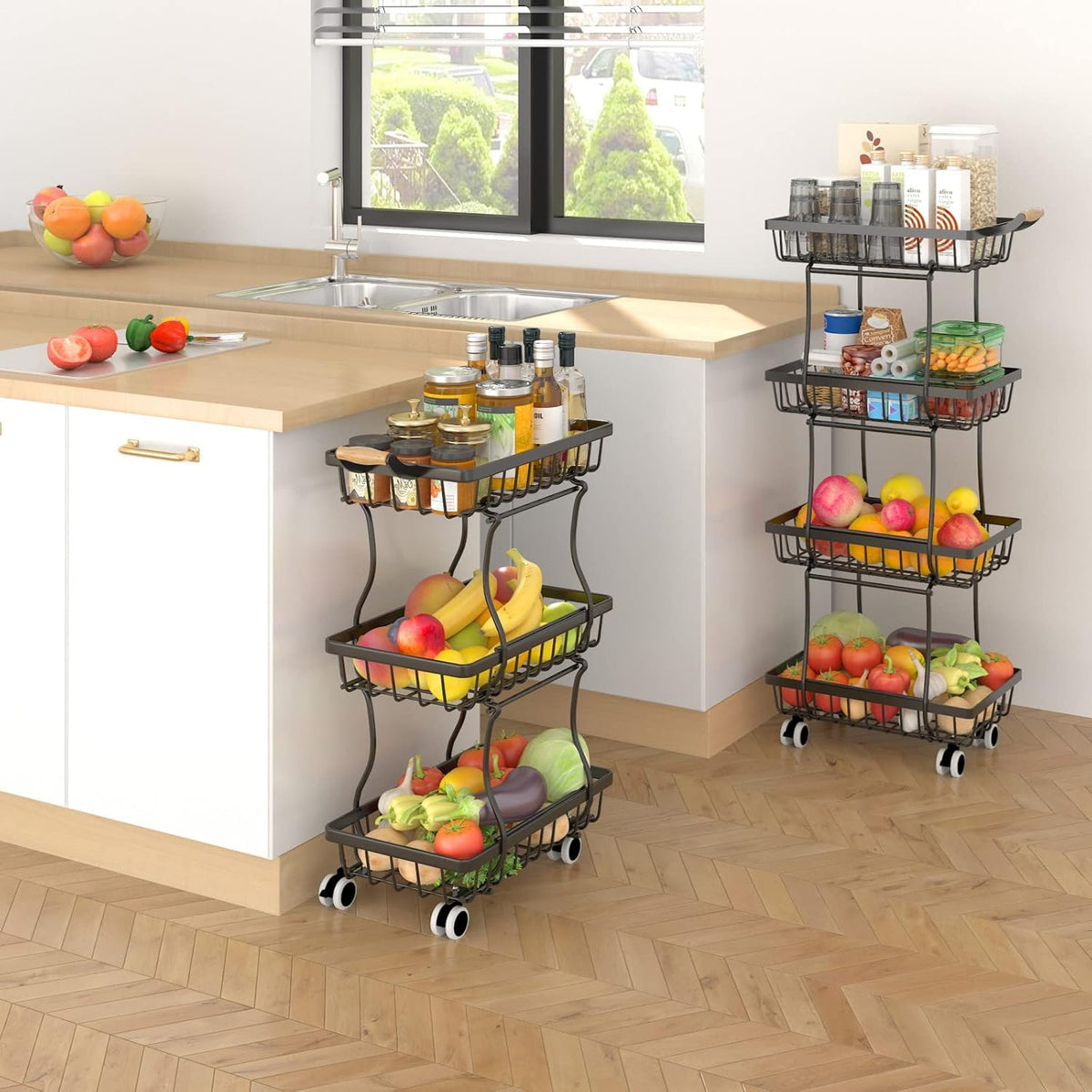 CHLORYARD 4 Tier Slim Fruit Basket for Kitchen, Stackable Metal Wire Fruit Vegetable Storage Baskets Organizer Stand on Wheels, Produce Basket Potato Onion Storage Bins Rack for Pantry. (Black)