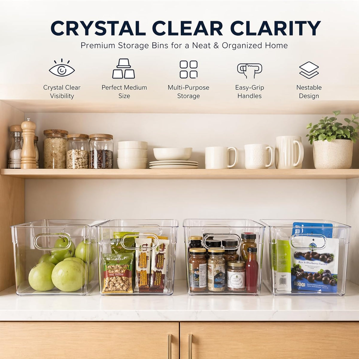 MOONEDGE Set of 4 Clear Plastic Organizer Bins, 2 Large & 2 Small Storage Bins for Pantry, Nestable Space-Saving Containers for Cabinets, Under-Sink, Bathroom, Kitchen & Freezer Organization
