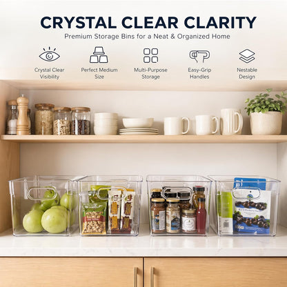 MOONEDGE Set of 4 Clear Plastic Organizer Bins, 2 Large & 2 Small Storage Bins for Pantry, Nestable Space-Saving Containers for Cabinets, Under-Sink, Bathroom, Kitchen & Freezer Organization