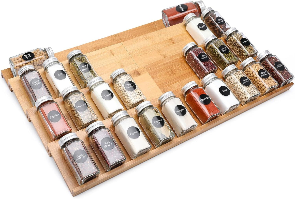 Bamboo Spice Drawer Organizer, 4 Tier In Drawer Spices Rack for Cabinet Drawer Expandable From 13" to 26", Stackable Seasoning Storage Organizer Insert