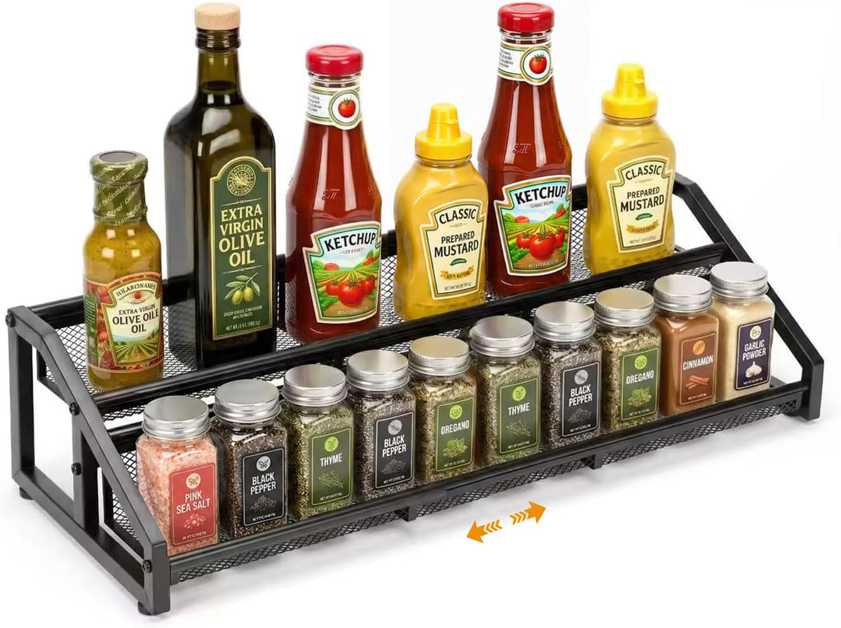 3 Tier Expandable Spice Rack Organizer for Kitchen,13.7"-23.6" Heavy Duty Spice Organization Shelf,Metal Pantry Storage Shelves Racks, Good Space for for Pantry, Counter top,Patent Pending