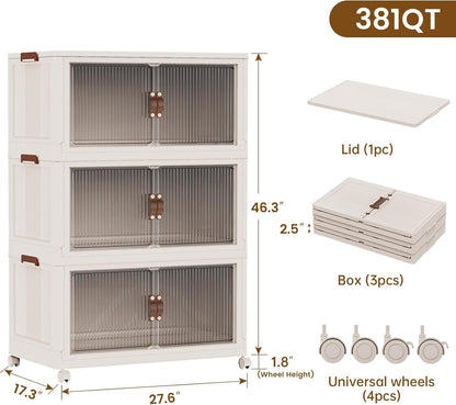 SAILUN 145Gal/580Qt Stackable Storage Bins Folding Collapsible Storage Bins with a Lid, Closet Organizers and Storage,White 26" W x 17" D x 71" H
