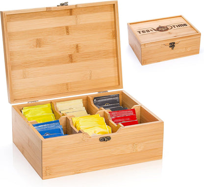 Lyellfe Tea Organizer Box, Bamboo Tea Bag Holder with Lid, Multi-purpose 6-Compartment Coffee Condiment Holder Storage Caddy for Home, Office, Café