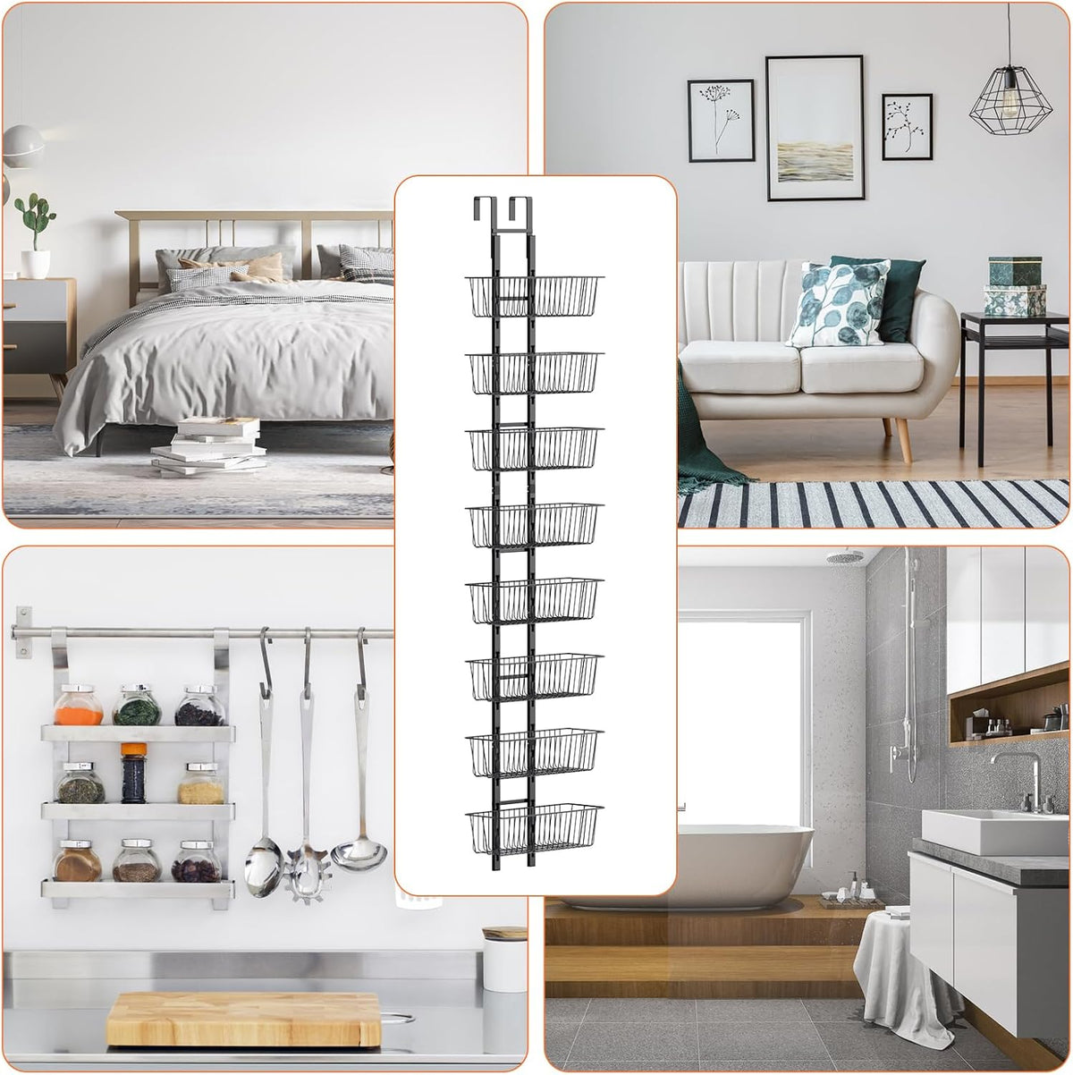 10 Tier Over the Door Pantry Organizer, Over the Door Spice Rack with Adjustable Baskets, Metal Hanging Door Pantry Organizers and Storage for Kitchen Bathroom Bedroom, White