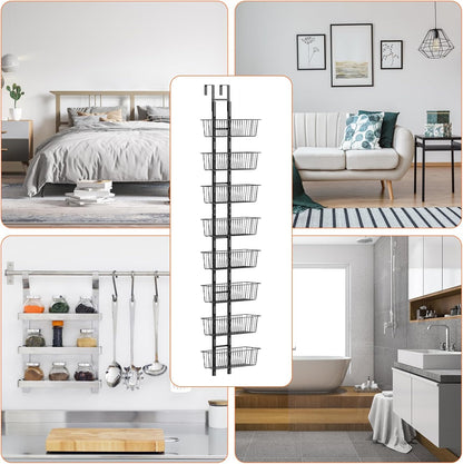 10 Tier Over the Door Pantry Organizer, Over the Door Spice Rack with Adjustable Baskets, Metal Hanging Door Pantry Organizers and Storage for Kitchen Bathroom Bedroom, White