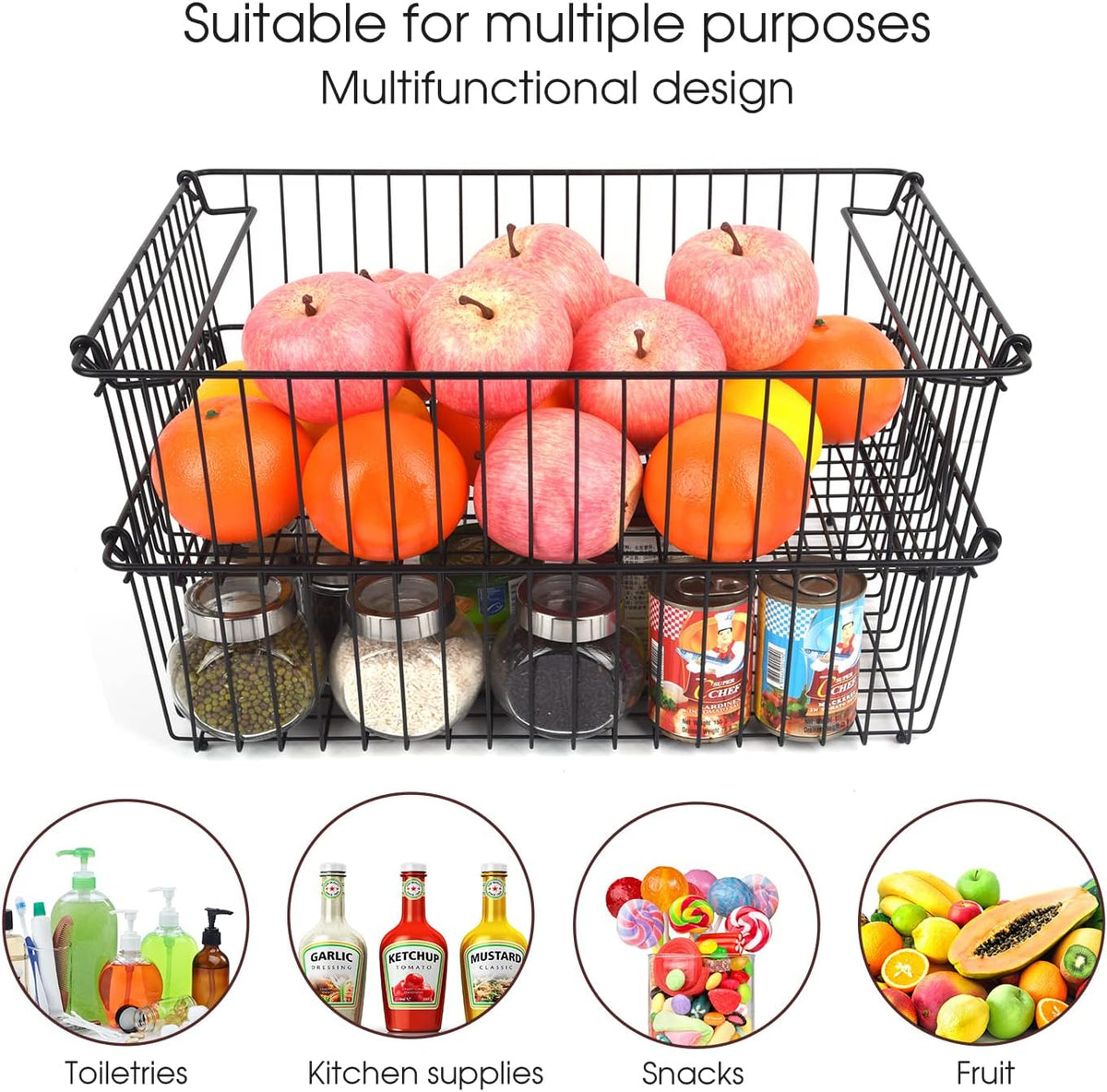 Set of 2 Stackable XXL Wire Baskets For Pantry Storage and Organization -16x12in Large Metal Food Baskets -Vegetable,Fruit,Potato,Onio, Pantry Storage Bins With Handles (Black, XXL)