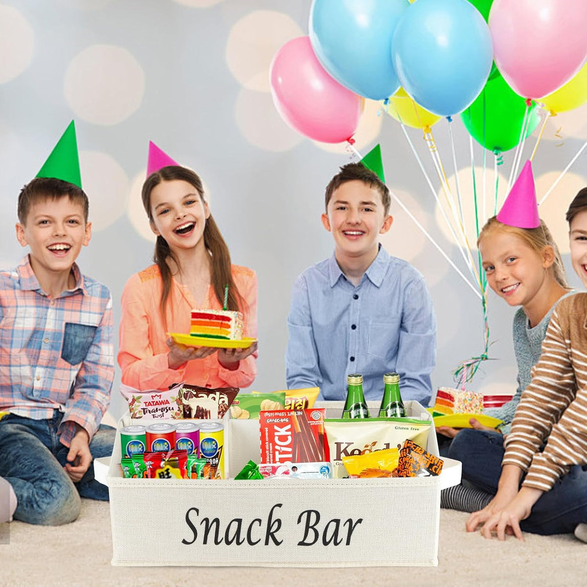 Snack Organizer for Countertop, Trapezoid Fabric Snack Bin Holder with Side Handles, 6 Compartment Snack Basket Container, Lightweight Snack Bar Station Organizer, Kitchen Pantry Storage-Black