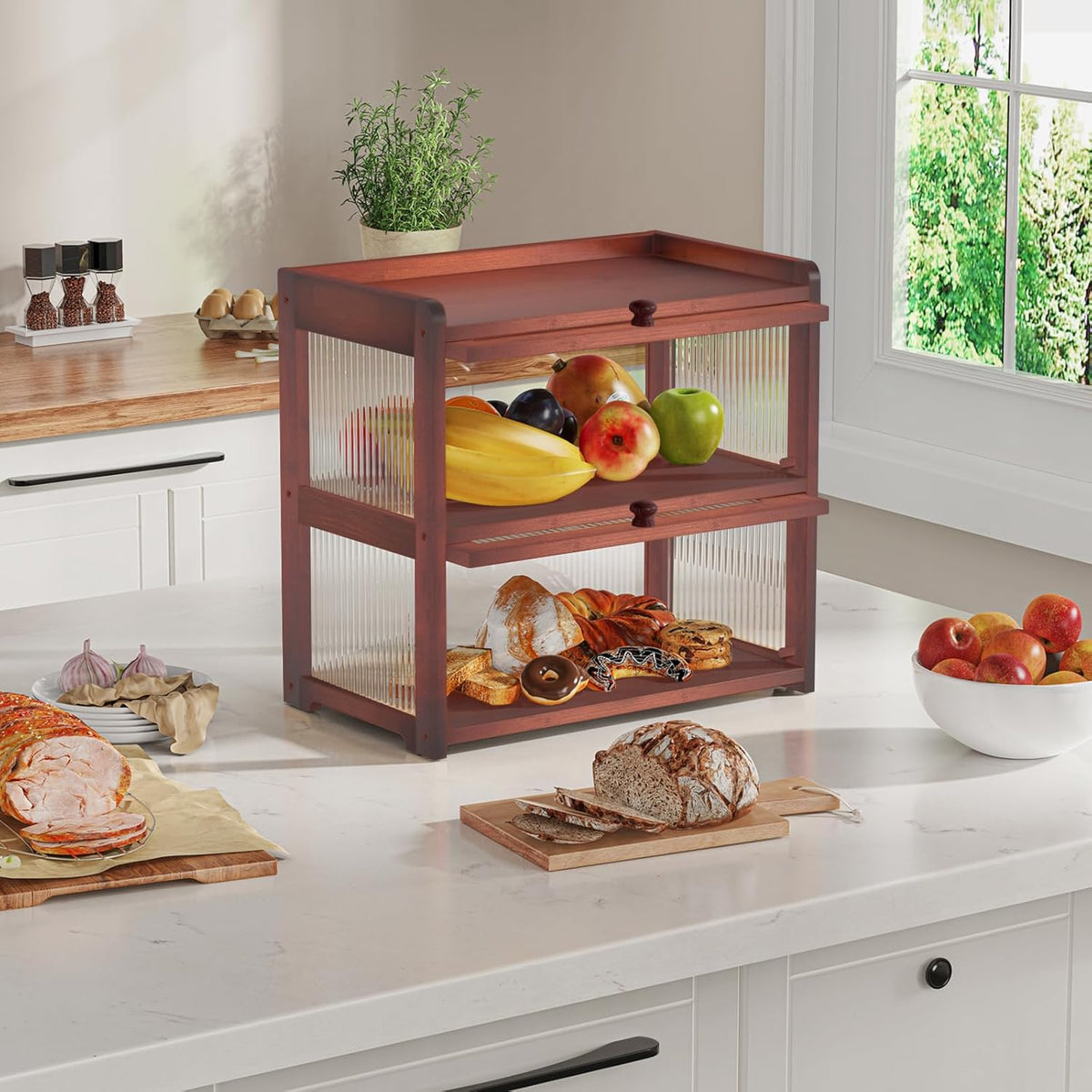BAMBANG Bamboo Bread Box for Kitchen Countertop, Extra Large Farmhouse Bread Box with 4-Side Clear Panels, Wooden Bread Storage Container for Homemade Bread, Natural