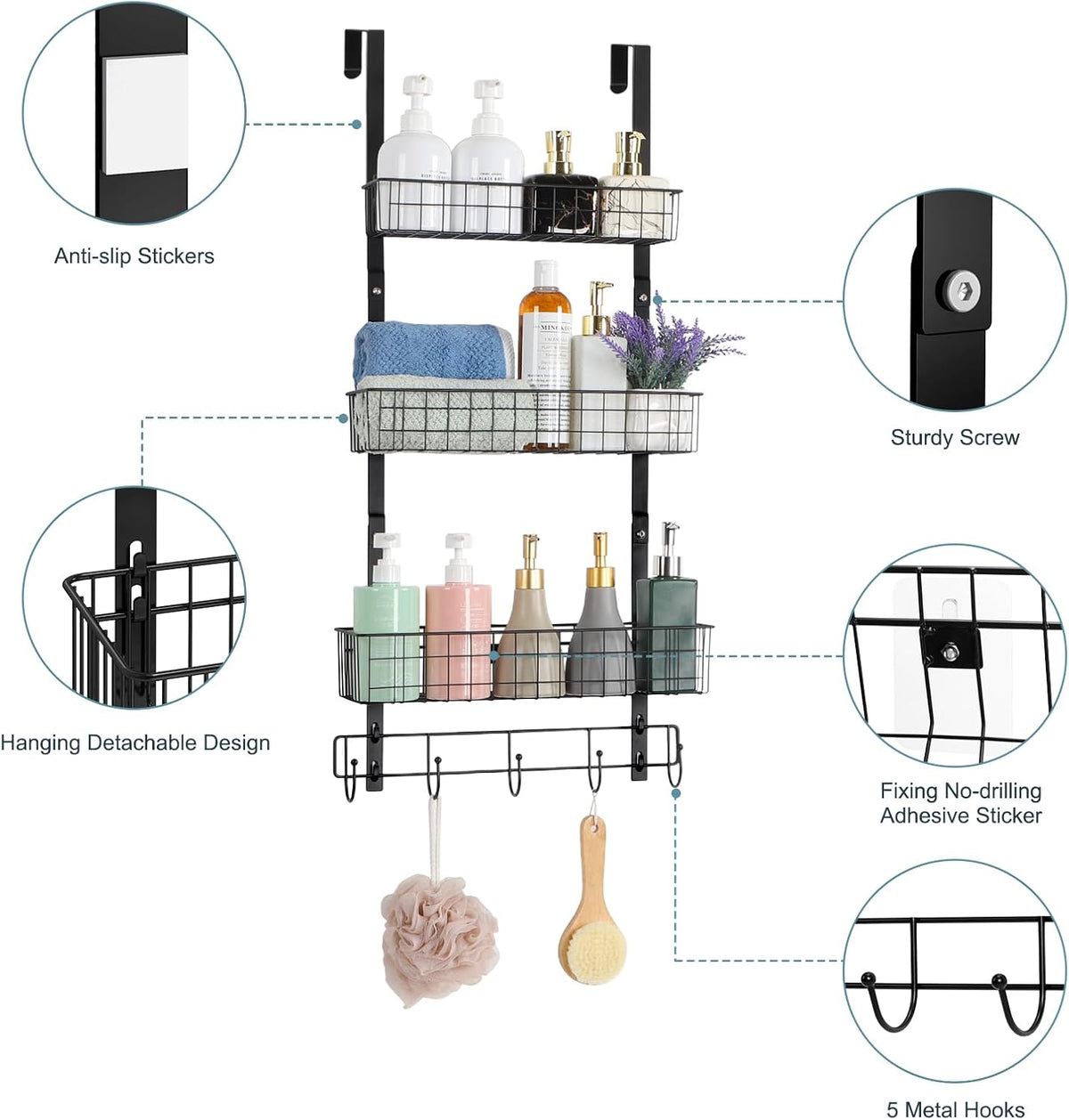 Over the Door Pantry Organizer 3 Tier Hanging Basket Back Door Storage Rack Shelf Metal Over the Door Shelves with 3 Baskets and 5 Hooks for Bathroom Kitchen Pantry Bedroom, Black