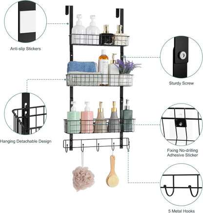 Over the Door Pantry Organizer 3 Tier Hanging Basket Back Door Storage Rack Shelf Metal Over the Door Shelves with 3 Baskets and 5 Hooks for Bathroom Kitchen Pantry Bedroom, Black