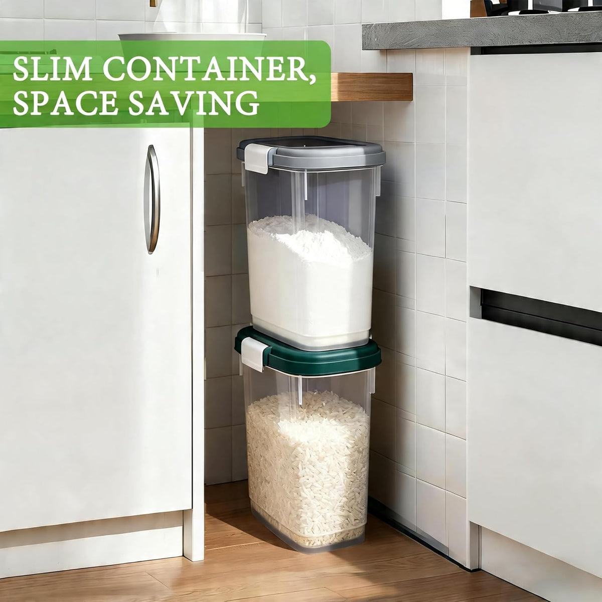 Large Rice Storage Container 15-20 Lbs, Tall Flour Container with Scoop + Cup - Slim Dry Food Storage Bin for Cereal, Sugar, Beans, Pet Dog Cat Food Container - Kitchen and Pantry Storage Organization