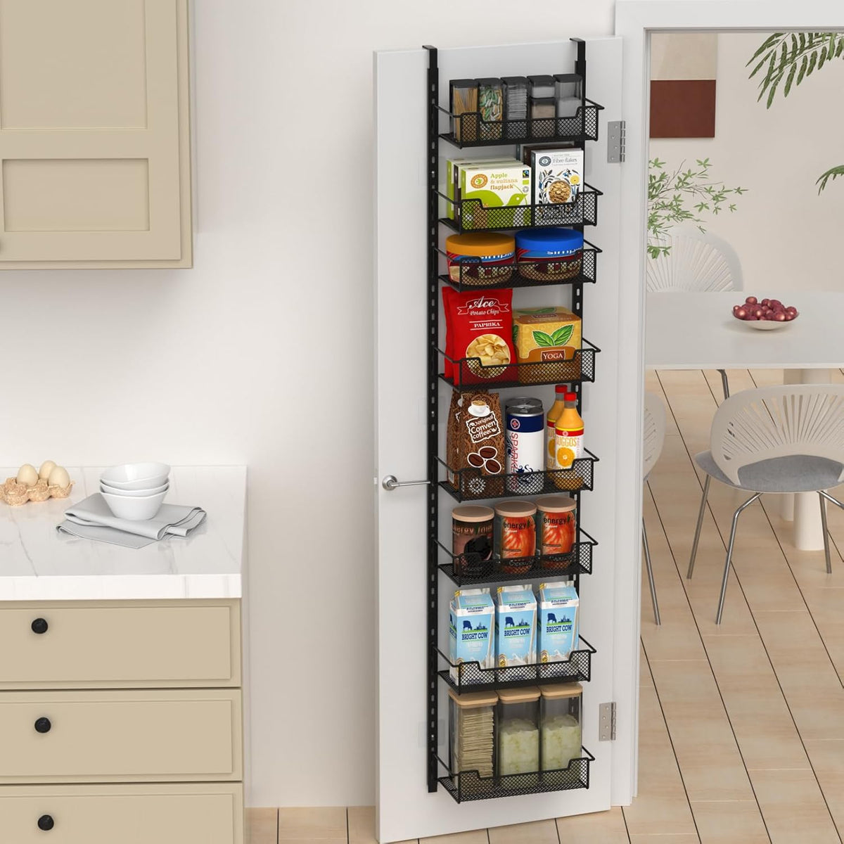 VyGrow 12.3" W Narrow Over the Door Pantry Organizer, 6-Tier Over the Door Organizer with Adjustable Basket, Pantry Door Organization for Pantry Kitchen Storage Room Spice Rack, White