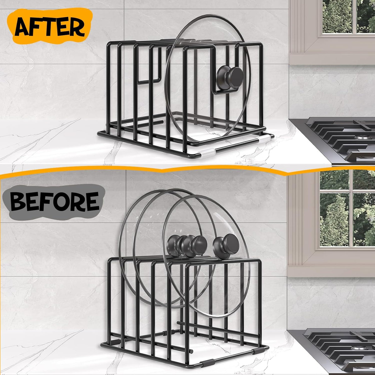 Cutting Board Organizer Rack with 7 Compartments, Heavy-Duty Iron Pan and Baking Sheet Organizer, Kitchen Cabinet Storage Rack with Non-Slip Base, Space-Saving Pot Lid Holder for Countertop & Pantry